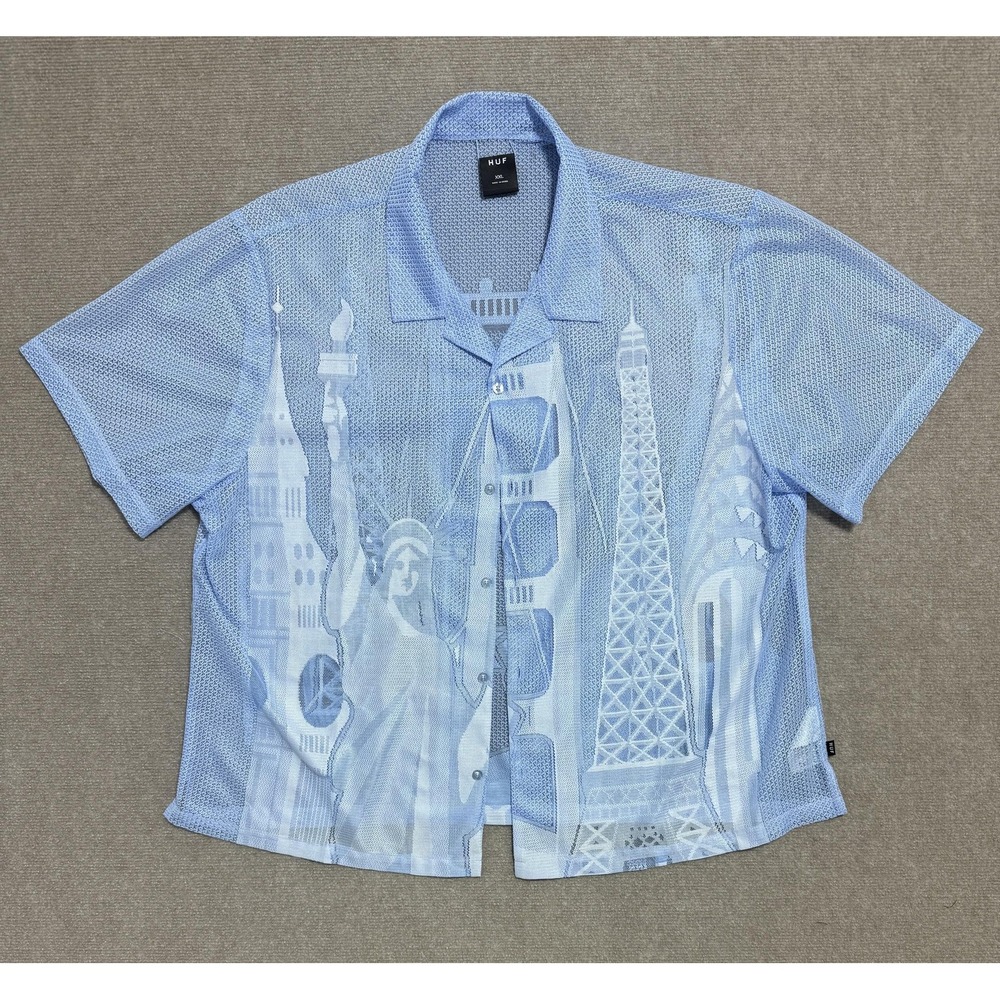 HUF‎ Shirt Mens 2XL Blue Mesh Button Up Landmark Graphic Print Lightweight XXL